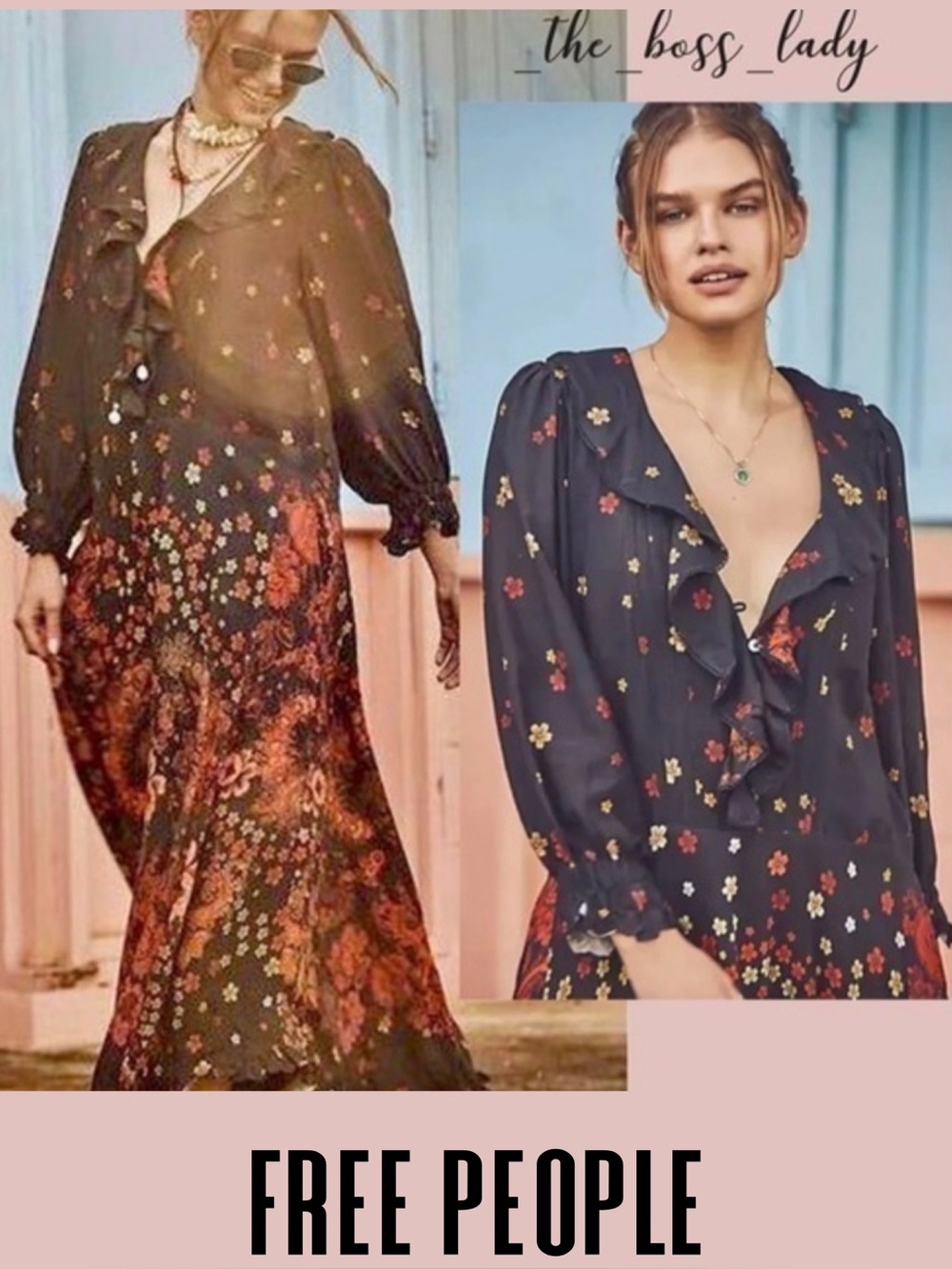 Free People dress maxi XS floral ruffled Fall boho long